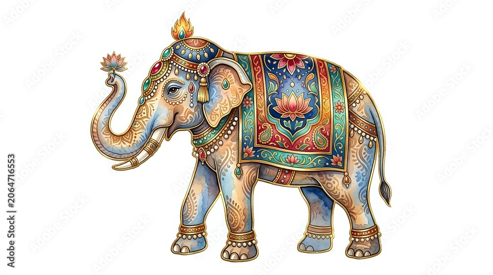 Obraz premium Ornate golden elephant with intricate jeweled decorative saddle blanket and ornamental details, isolated on white background for design use.