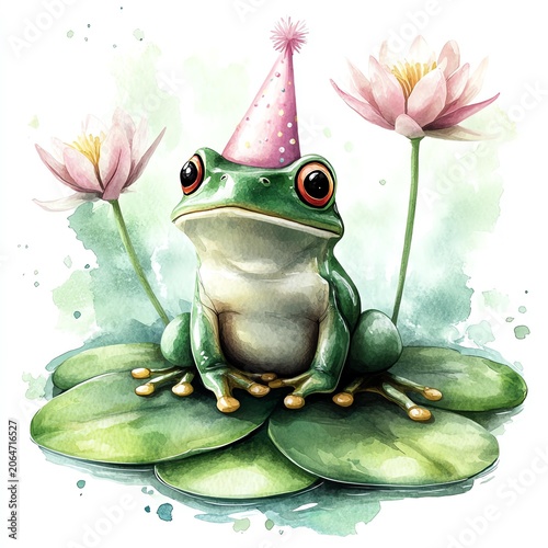 A joyful frog wearing a party hat sits on a lily pad surrounded by blooming flowers in this whimsical illustration.