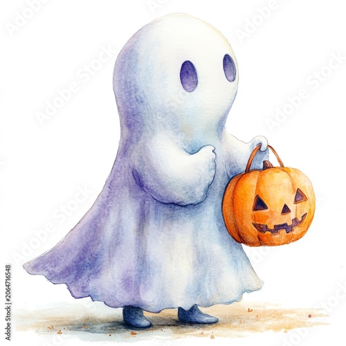 A cute ghost holding a Halloween pumpkin, perfect for seasonal decorations and festivities.