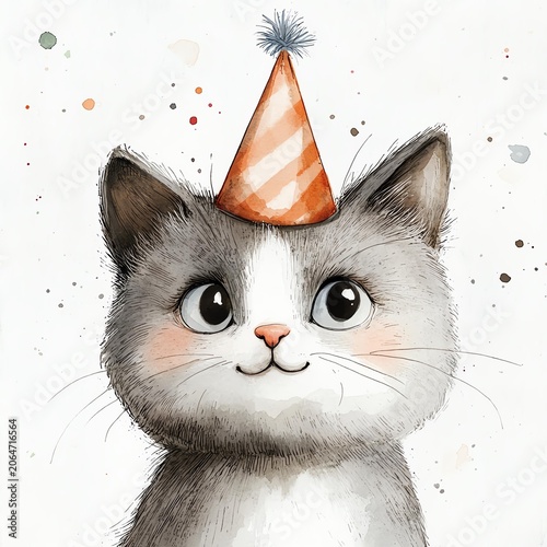 A cute cat wearing a party hat, ready to celebrate with joyful expression and colorful splashes in the background.