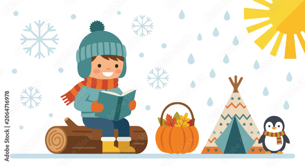 Fototapeta premium A young boy reads a book on a log, surrounded by seasonal icons like snowflakes, rain, a sun, a pumpkin, and a cute penguin.