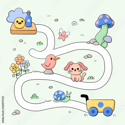 Whimsical children's illustration featuring a winding path with cute animals and fantasy elements