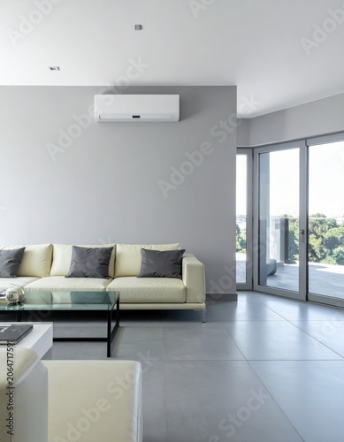 Modern living room interior with a cream-colored leather sofa, gray pillows, glass coffee table, and white air conditioning unit on a smooth gray wall.
