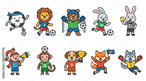 Photography Cartoon animals playing soccer sports character collection.