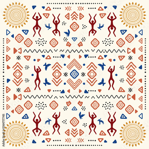 Ethnic tribal pattern with stylized human figures, sun symbols, and geometric shapes on cream background