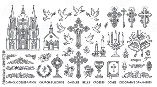 Tableau sur toile Catholic church celebration and decorative line art collection