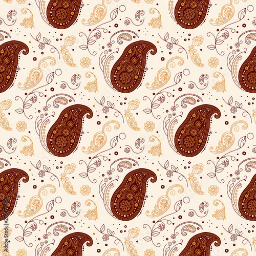 Decorative seamless paisley pattern with brown and gold floral elements on a light beige background