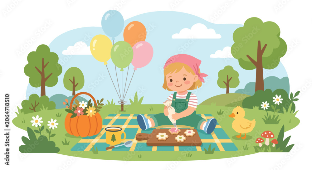 Naklejka premium A cute little girl sits on a picnic blanket in a lush green park, joyfully decorating star-shaped cookies with icing under a bright blue sky.