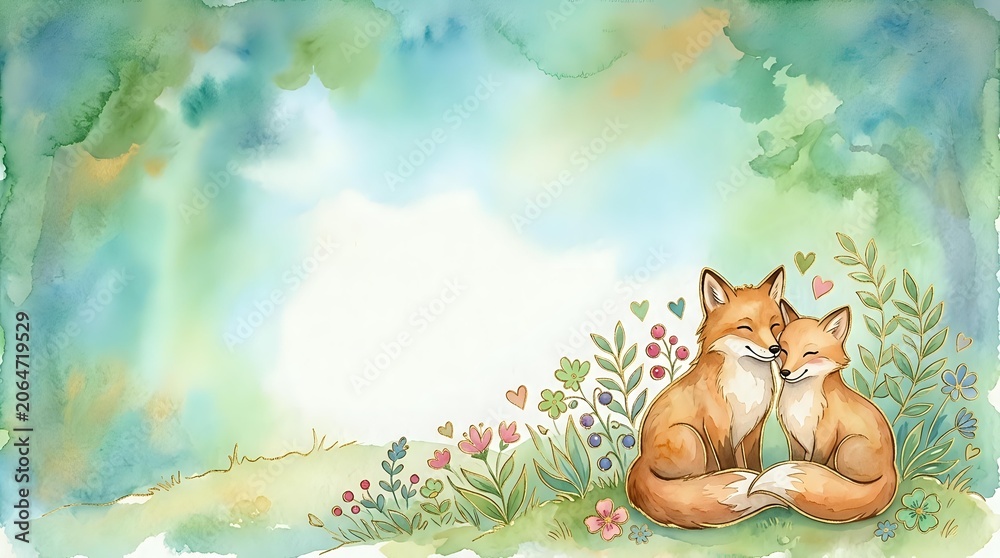 Fototapeta premium Two foxes sitting together surrounded by wildflowers and foliage in a watercolor style illustration. Isolated on white background, ready for children's books, nursery decor, and design projects.