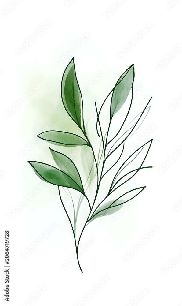 Fototapeta premium Minimalist botanical illustration of green leafy branch with watercolor wash on isolated white background, suitable for design projects, home decor, and print applications.