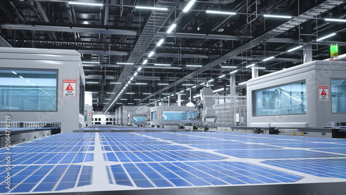 Photos Industrialized solar panel warehouse with robotic arms placing photovoltaic modules on assembly lines, 3D rendering