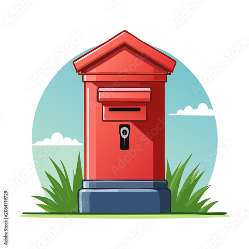 Red postal mailbox illustration with grass and sky