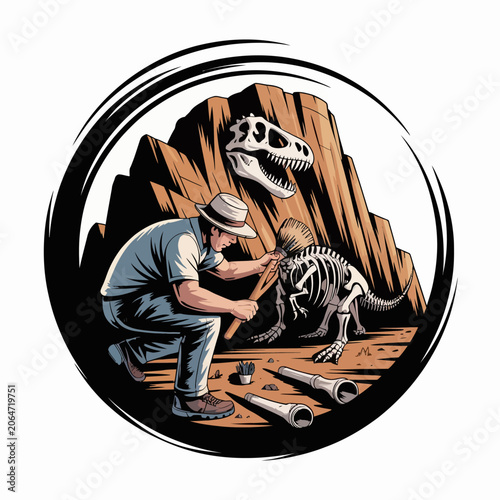 Fotografie Paleontologist examining dinosaur skeleton illustration.