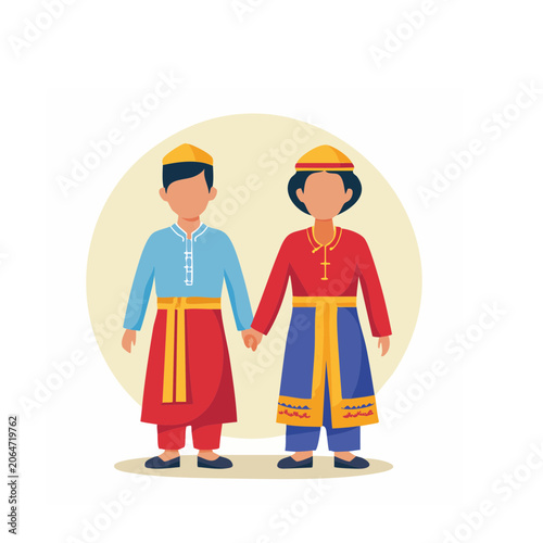 Traditional Couple in Colorful Costumes Holding Hands