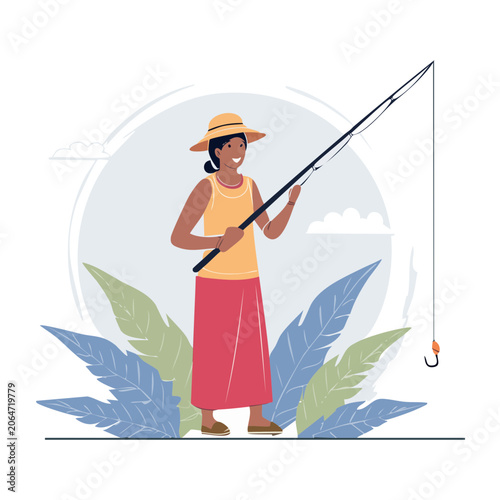 Woman fishing with rod in flat vector style