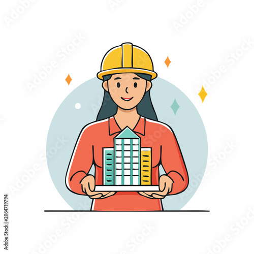 Woman in hard hat holding building model illustration