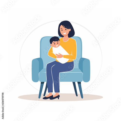 Woman holding baby on blue chair illustration