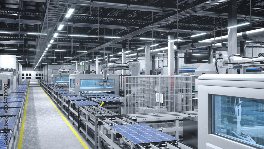 Fototapeta premium Industrial robot arms placing solar panels on large production line in modern sustainable factory, photovoltaics being assembled on conveyor belts inside manufacturing facility, 3D render.