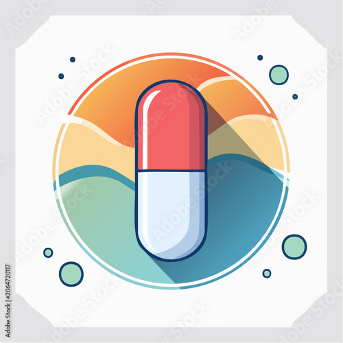 Stylized illustration of a red and white capsule with a sunset background