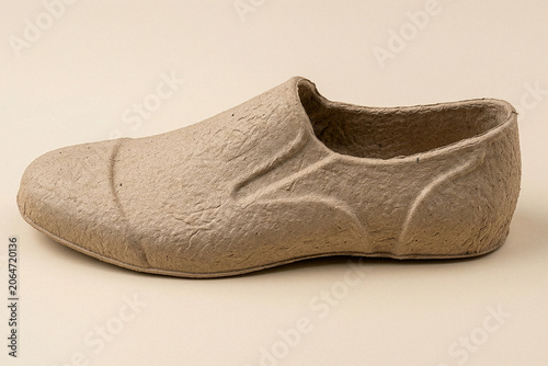 Molded recycled paper pulp shoe insert on a beige background