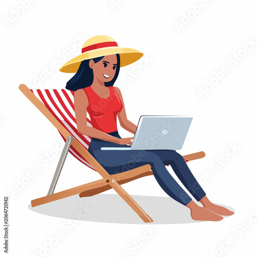 Woman Working on Laptop on Deck Chair