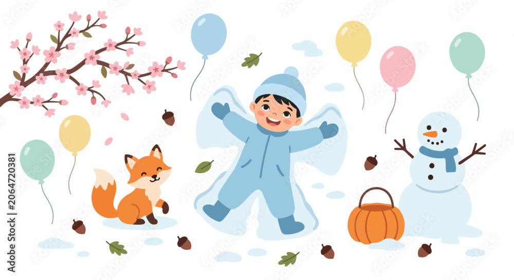 Fototapeta premium A joyful child makes a snow angel surrounded by seasonal elements like cherry blossoms, autumn leaves, a fox, a snowman, and festive balloons.