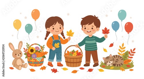Bilde på lerret A heartwarming illustration of a young boy and girl happily collecting colorful autumn leaves in baskets on a crisp fall day