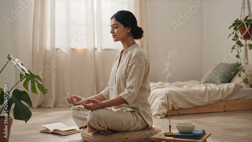 Serene Young Woman Meditating in Lotus Pose with Incense Smoke in a Tranquil Home Environment