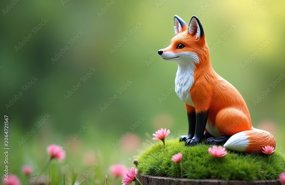Fototapeta premium Detailed fox figurine sits on mossy mound surrounded by small pink flowers, soft green foliage. Artificial fox bright orange fur, white chest fur, black leg markings, looking to left with gentle