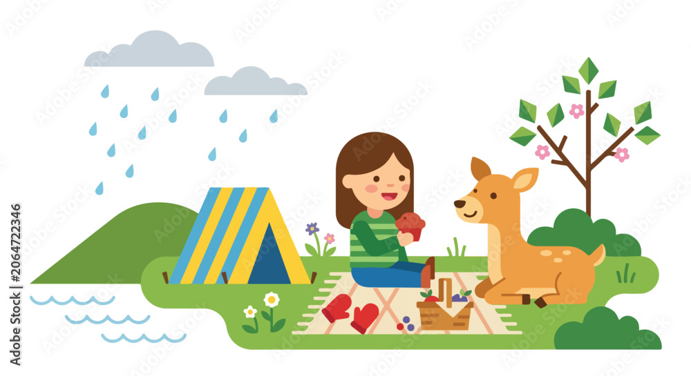 Naklejka premium A girl sits on a picnic blanket with a friendly deer, sharing food near a blue tent and a blooming tree during a light rain shower in nature.