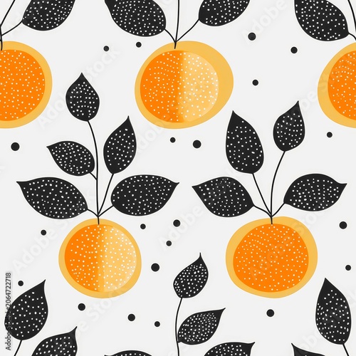 Seamless pattern with stylized oranges and dark dotted leaves on a light background, suitable for textile prints, wallpaper, wrapping paper, and creative decorative stationery projects