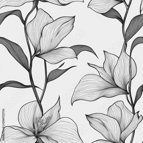 Elegant Floral Motif. Seamless pattern with hand-drawn botanical line art, sophisticated wallpaper background for interior textile printing.