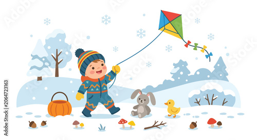 Fényképezés A cheerful child in winter gear flies a colorful kite in a snowy landscape filled with toys, mushrooms, and trees under falling snowflakes