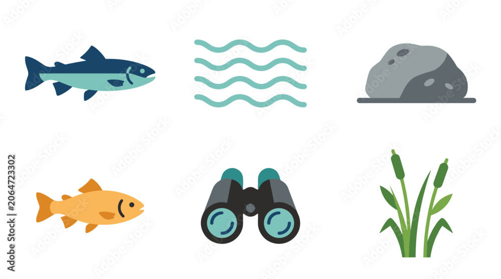 Obraz premium Fishing Icons Set with Fish Water Rock Binoculars and Reeds