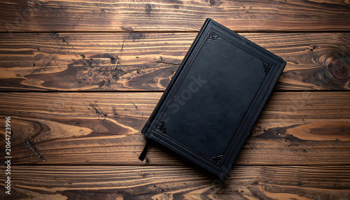 Black Leather Notebook on Rustic Wooden Table in Cozy Workspace Environment