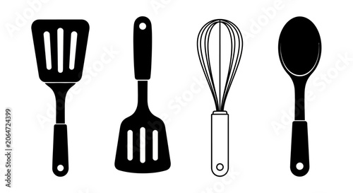 Canvastavla Set of Black Kitchen Utensils Silhouette Icons Including Spatula Whisk and Spoon