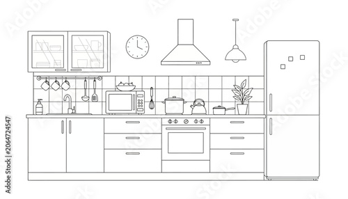 Minimalist line art illustration of a modern kitchen interior featuring cabinets, appliances, stove, and refrigerator for home design concepts