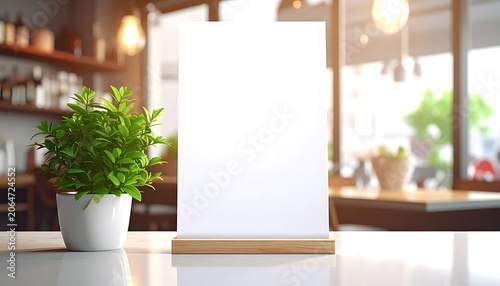 Blank Signage Template on Wooden Stand in Modern Restaurant Interior