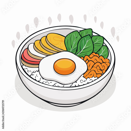 Illustration of a Bibimbap bowl with fried egg and vegetables