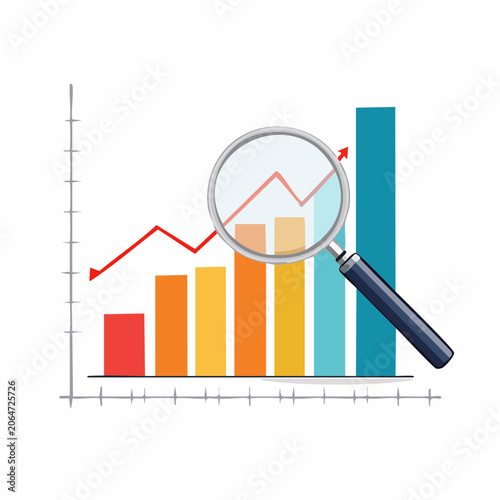 Magnifying glass over bar chart and line graph