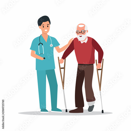 Nurse Assisting Elderly Man with Crutches