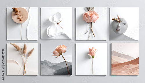Elegant Composition of Minimalist Floral Art on White Panels in Contemporary Design