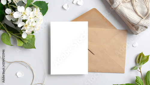 Elegant Flat Lay of Blank Card and Envelope Surrounded by Fresh Flowers