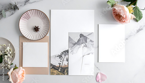 Elegant Flatlay of Minimalist Stationery and Fresh Flowers on Marble Surface