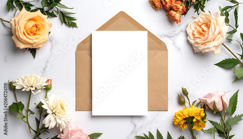 Elegant Floral Arrangement with Blank Envelope and White Paper on Marble Background