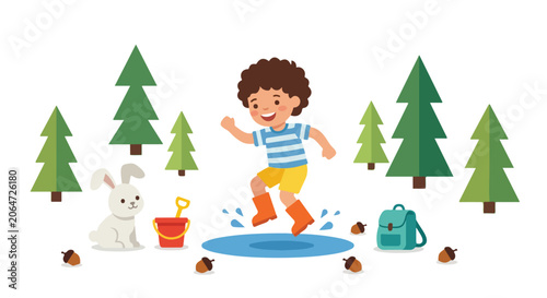 A happy young boy in orange boots jumps into a blue puddle in a forest, surrounded by pine trees, a white bunny, and various outdoor gear.