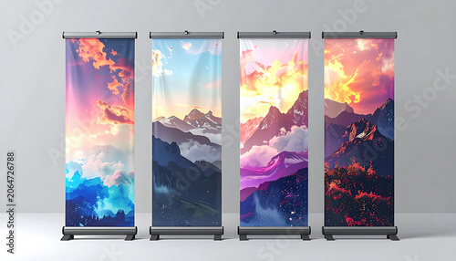 Four Colorful Displays of Abstract Landscape Banners with Mountain Scenery