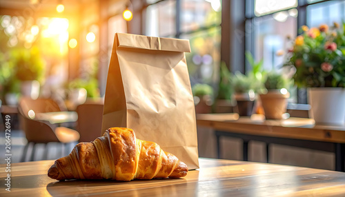 Freshly Baked Croissant on Wooden Table in a Cozy Bakery with Sunlight