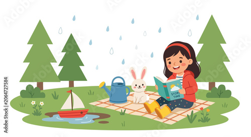 A cheerful girl sits on a picnic blanket reading to a rabbit in a rainy park, with a toy boat floating in a nearby puddle on the green grass.
