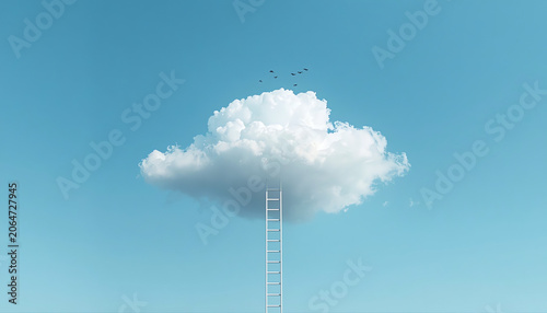 3d render, ladder reaches the white cloud on the blue sky. Motivation metaphor, surreal dream, challenge concept